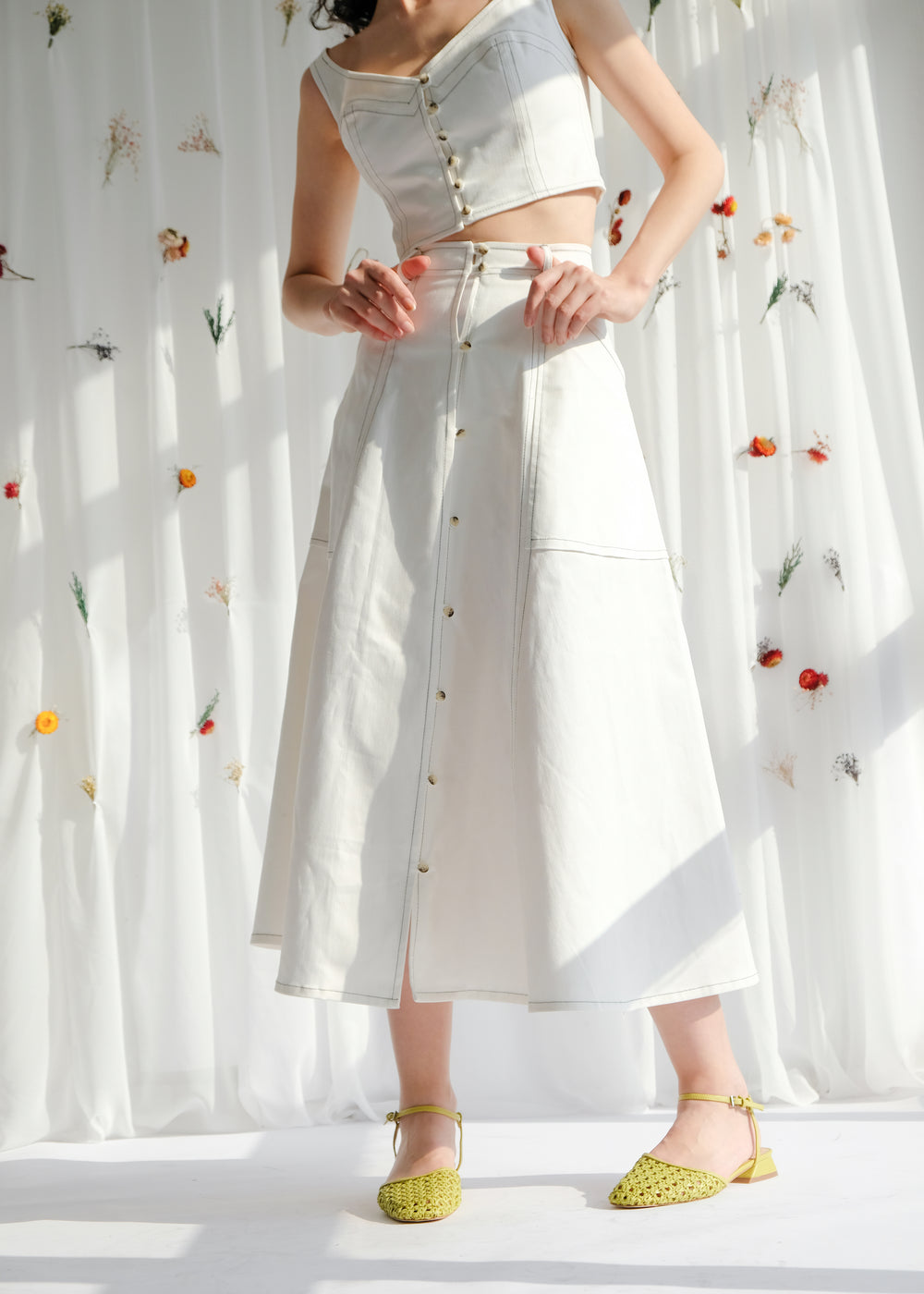 women's clothing, ethical clothing, dress, blouse, OhSevenDays, Woman wearing long white skirt and cropped white tank top