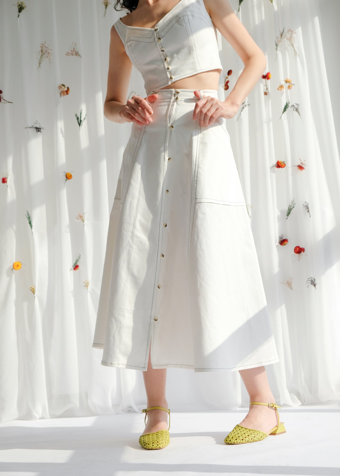 women's clothing, ethical clothing, dress, blouse, OhSevenDays, Woman wearing long white skirt and cropped white tank top