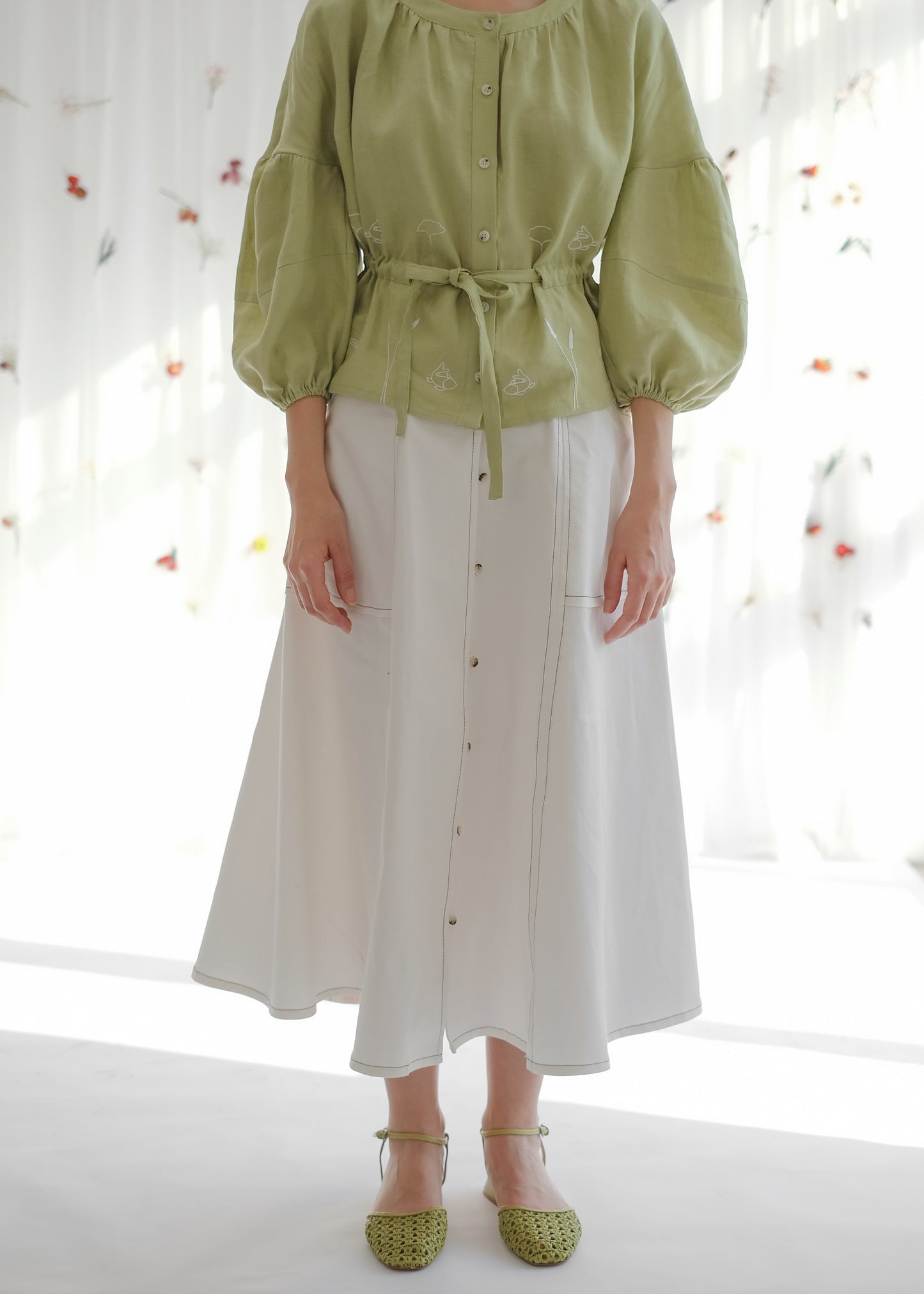 women's clothing, ethical clothing, dress, blouse, OhSevenDays, Woman wearing long white skirt and light green blouse