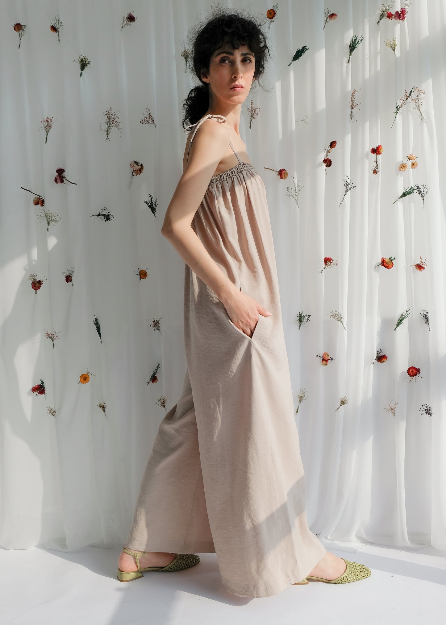 women's clothing, ethical clothing, dress, blouse, OhSevenDays, Side view of woman wearing beige jumpsuit