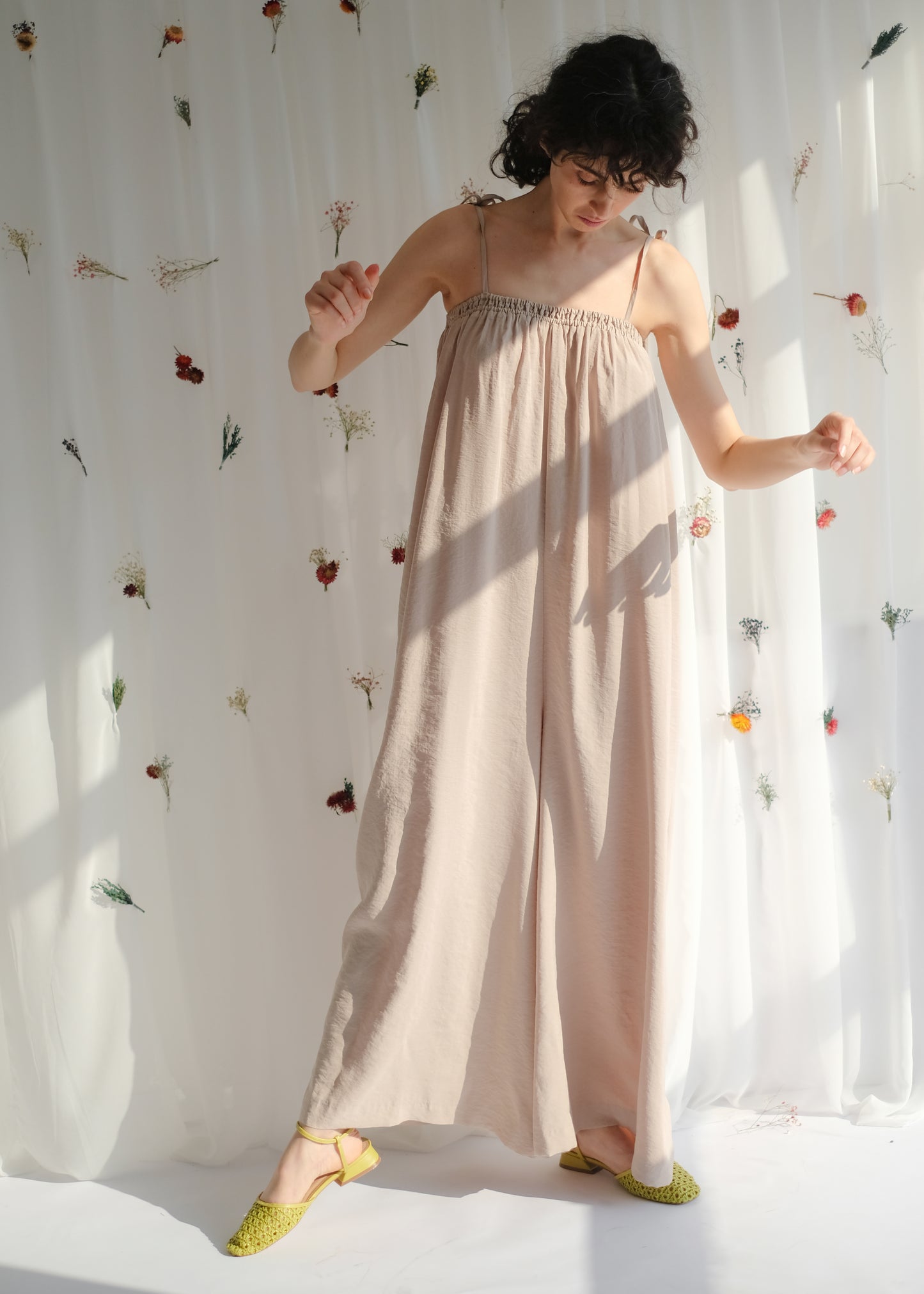 women's clothing, ethical clothing, dress, blouse, OhSevenDays, Girl standing wearing beige jumpsuit