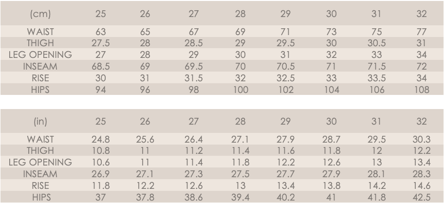 Sizing table for pine green flared trousers