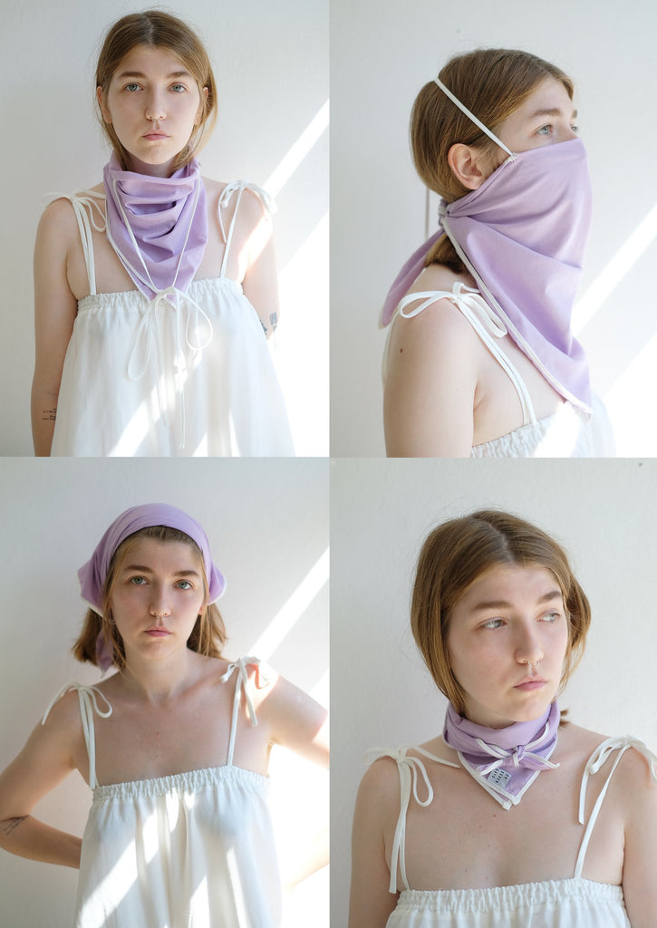 sustainable mask scarf , ethical fashion , accessories ,ootd , Ecofashion ,Ecofriendly , sustainablefashionmatters , Multi-Wear ,multi-fashion , Recycled cotton ,Girl wearing a scarf in four different ways, how to wear, multipurpose, front view of a girl in scarf