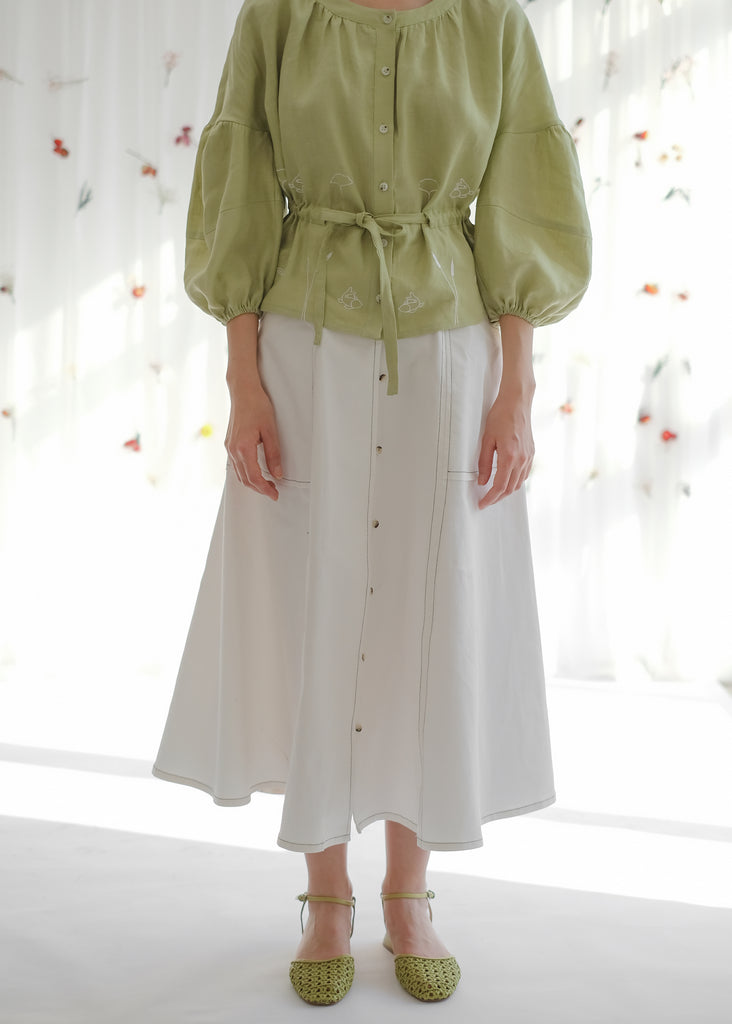  women's clothing, ethical clothing, dress, blouse, OhSevenDays, Woman wearing long white skirt and light green blouse
