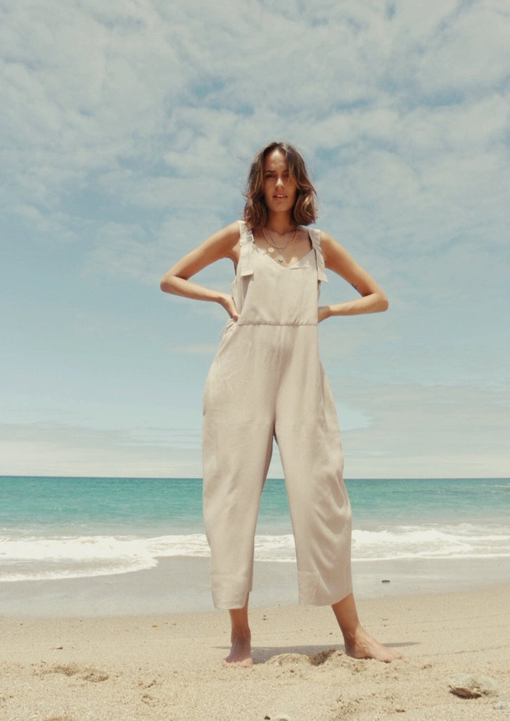  women's clothing, ethical clothing, dress, blouse, OhSevenDays, Woman standing on beach wearing white jumpsuit